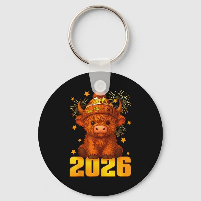 Chaveiro Happy New Year 2026 Highland Cow &amp; Party Hat N (Frente)