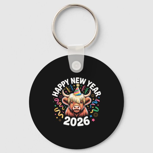 Chaveiro Happy New Year 2026 Highland Cow &amp; Party Hat N (Frente)