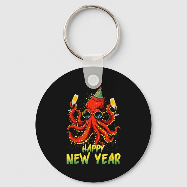Chaveiro Happy New Year 2026 Octopus Drinking Champagne New (Frente)