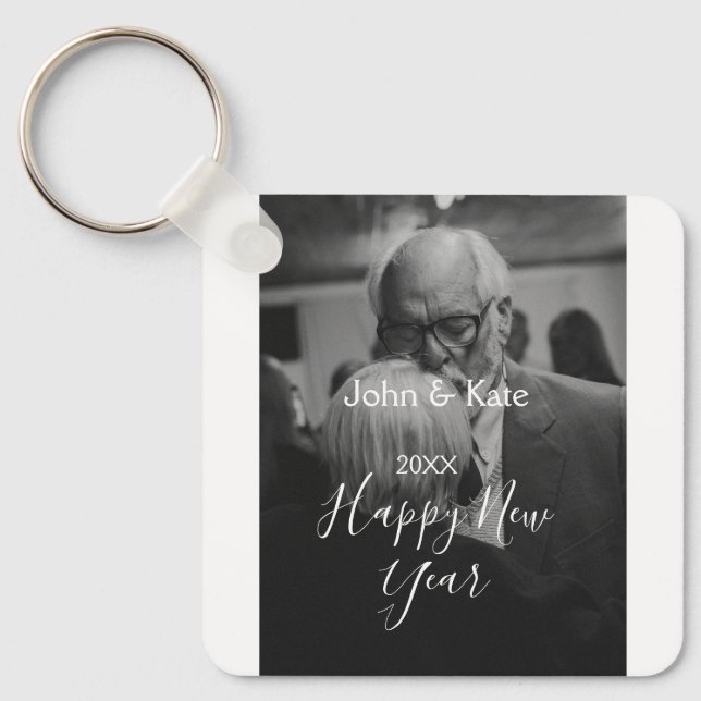 Chaveiro Happy new year couple photo name year black white  (Frente)