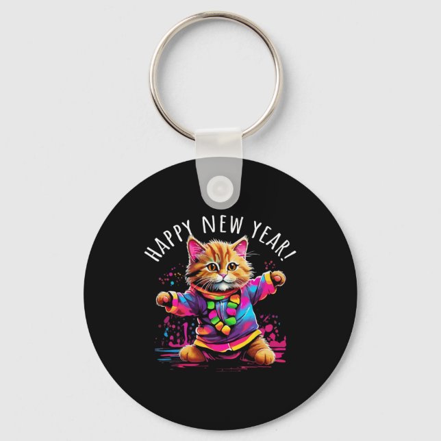 Chaveiro Happy New Year Party Dancing Cat Design  (Frente)