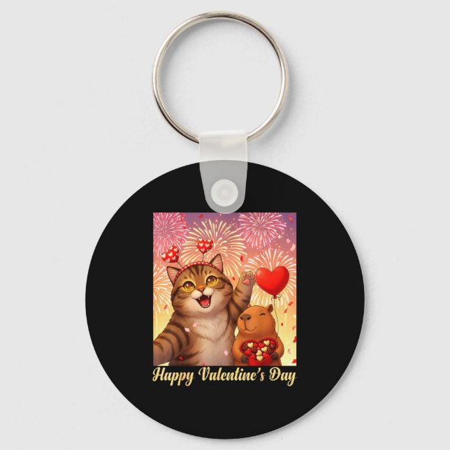 Chaveiro Happy Valentines 2026 Cute Cat Capybara Party Art  (Frente)