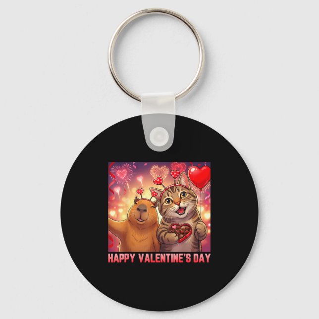 Chaveiro Happy Valentines 2026 Cute Cat Capybara Party Art  (Frente)