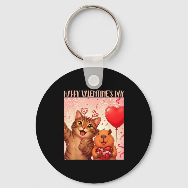 Chaveiro Happy Valentines 2026 Cute Cat Capybara Party Art  (Frente)