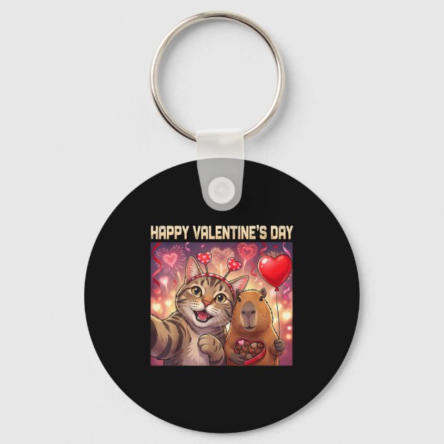 Chaveiro Happy Valentines 2026 Cute Cat Capybara Party Art  (Frente)