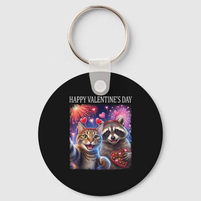 Chaveiro Happy Valentines 2026 Cute Cat Raccoon Party Art  (Frente)