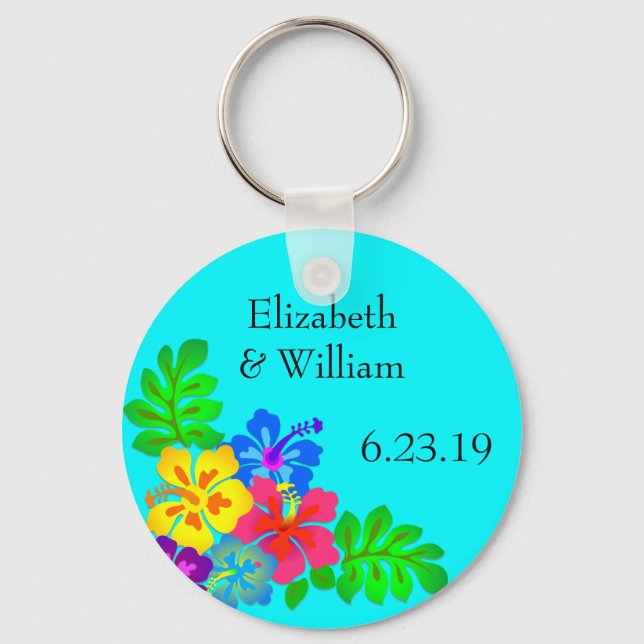Chaveiro Hawaiian Flowers Aqua Wedding Favor (Frente)