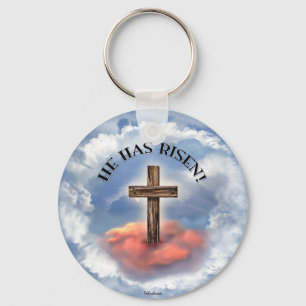 Chaveiro He Has Risen Rugged Cross With Clouds