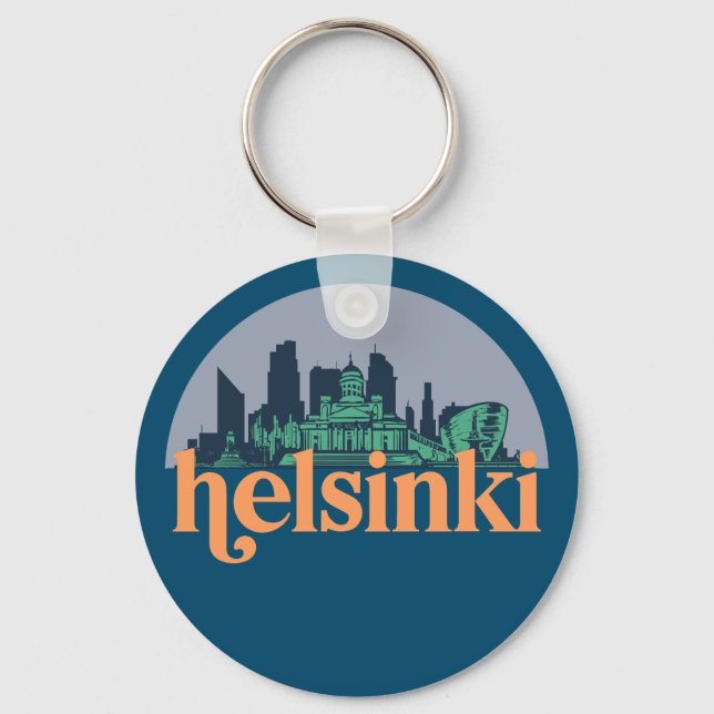 Chaveiro Helsinki Finland City Skyline Retro Cityscape Art (Frente)