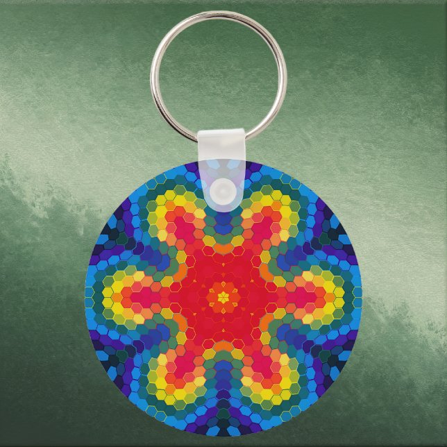Chaveiro Hex Mandala Red Yellow and Blue (Red Yellow and Blue Hexagon Mandala Keychain by Wormhole Orbital)