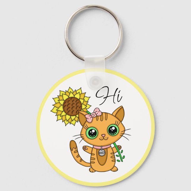Chaveiro Hi e Hugs personalizados | Gato cômodo com girasso (Frente)