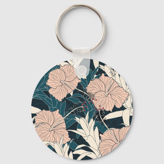 Chaveiro hibisco rosa tropical, fundo escuro (Frente)