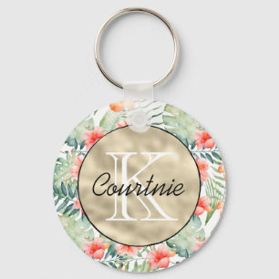 Chaveiro Hibiscus Floral Dourado Monograma Rosa Tropical