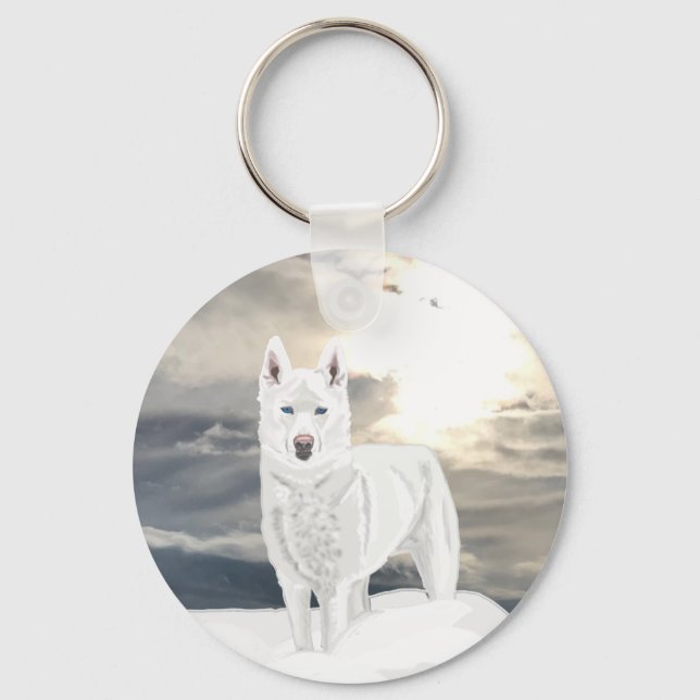 Chaveiro Husky branco de olhos azuis, na neve (Frente)