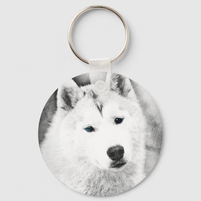Chaveiro Husky Siberiano Branco com Olhos Azuis - Desenho d (Frente)