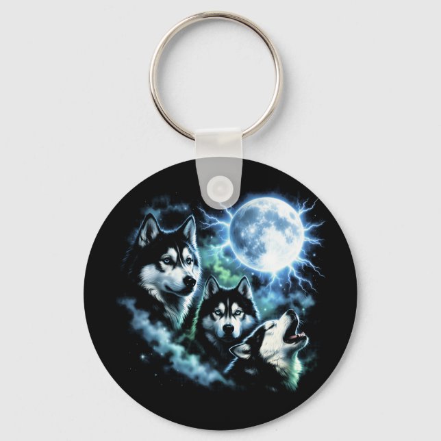 Chaveiro Husky Siberiano Uivando para a Lua – Céu Noturno d (Frente)