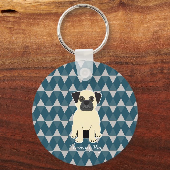 Chaveiro I love my Pug, Blue diamonds pattern (Frente)