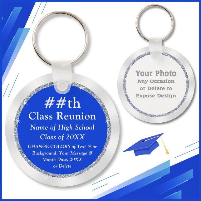 Chaveiro Ideias de presentes de Reunião de Classe Barata a  (Photo and Personalized, Class Reunion Favors with Photo, Logo. Blue Silver, Class Reunion giveaways.)