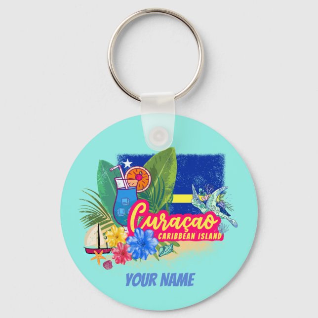 Chaveiro Ilha de caribe Retro Curacao com vinheta de tartar (Frente)
