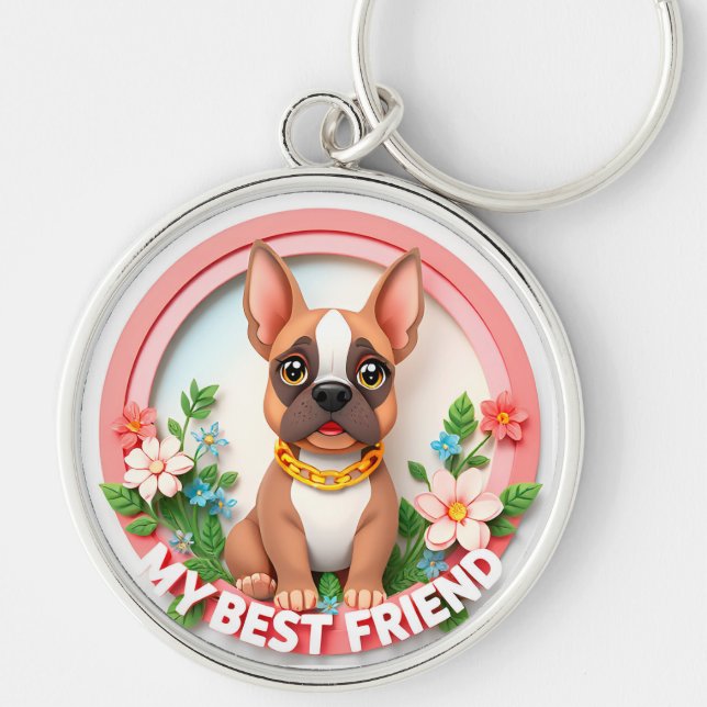Chaveiro Ilustração Adorável de Cachorro com Flores (Frente)