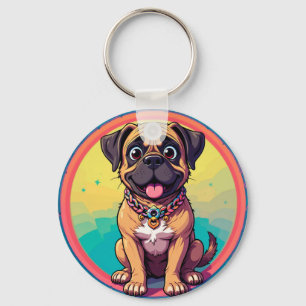 Chaveiro Ilustração Colorida de Pug Alegre em Cartoon