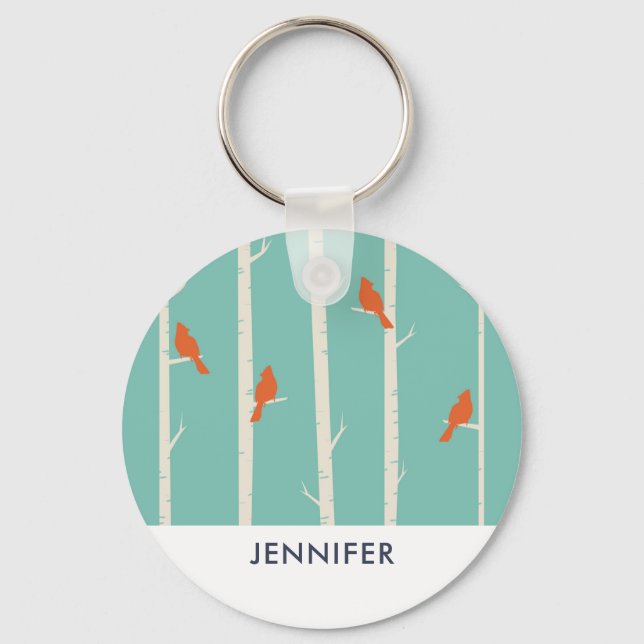 Chaveiro Ilustração de Aves Laranja Retroativas em Árvores  (Frente)