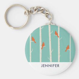 Chaveiro Ilustração de Aves Laranja Retroativas em Árvores 