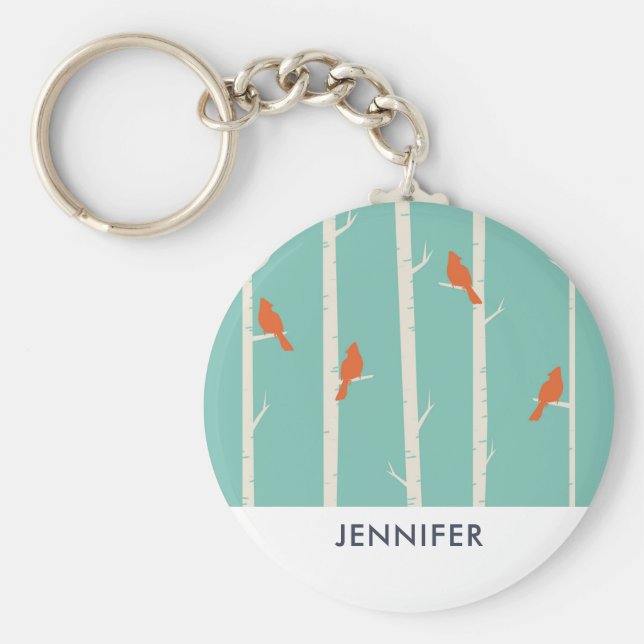 Chaveiro Ilustração de Aves Laranja Retroativas em Árvores  (Frente)