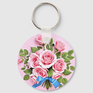 Chaveiro Ilustração de Buquê de Rosas Rosa com Fita