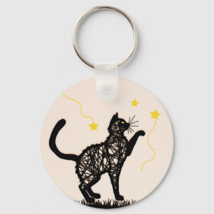 Chaveiro Ilustração de Estrelas Divertidas com Gato Preto