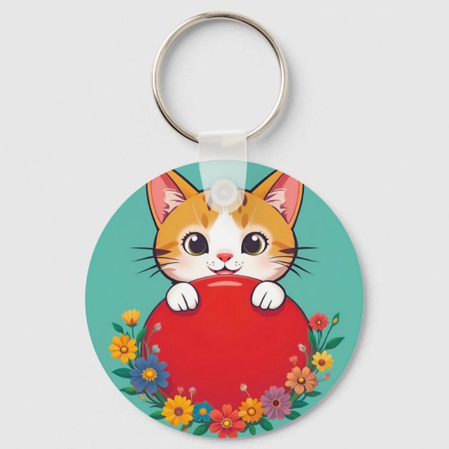Chaveiro 🐱 Ilustração de Gato Fofo Pingente de Chave 🎀 (Frente)