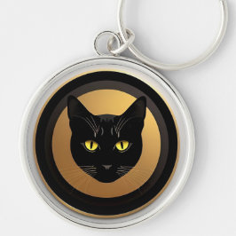 Chaveiro Ilustração de Gato Preto em Círculo Dourado