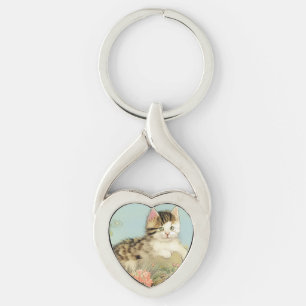 Chaveiro Ilustração de Gato Vintage com Flores Rosa
