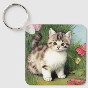 Chaveiro Ilustração de Gato Vintage com Flores Vermelhas