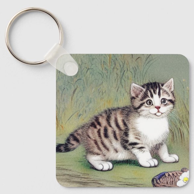 Chaveiro Ilustração de Kitten com Striped Vintage (Frente)