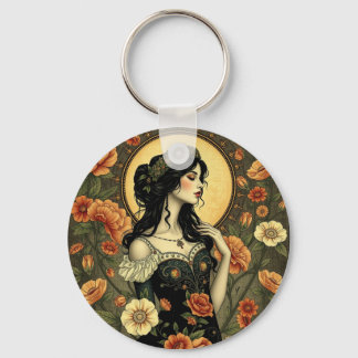 Chaveiro Ilustração de Mulher Floral Art Nouveau