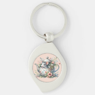 Chaveiro Ilustração de Rato Fofo em Bule de Chá Floral