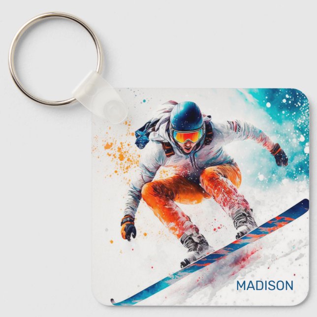 Chaveiro Ilustração de Snowboarder de Nome Personalizado (Frente)