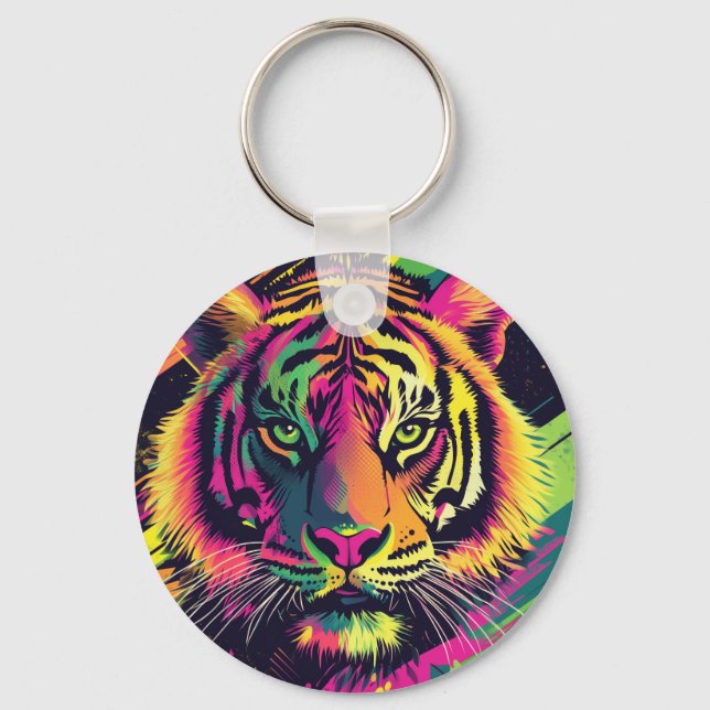 Chaveiro Ilustração de Tigre de Arte pop com Cores Néon (Frente)
