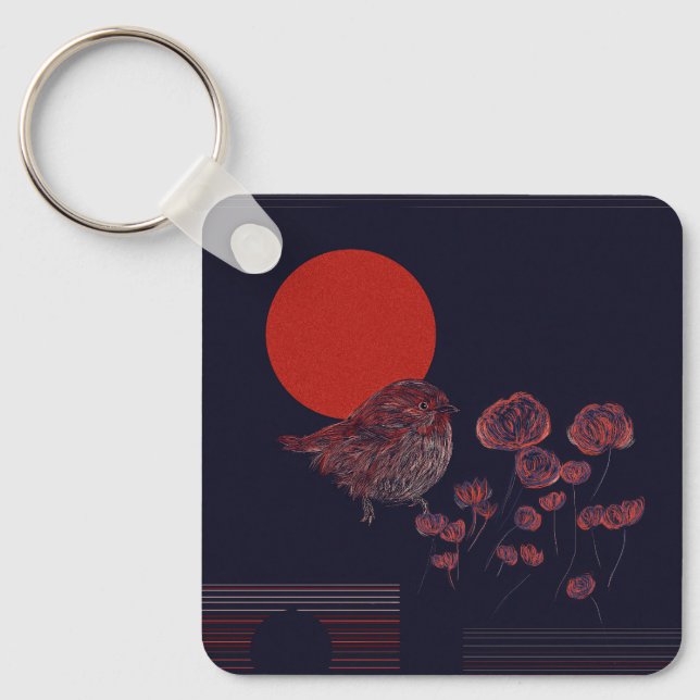 Chaveiro Ilustração do Sol Vermelho do Robin Bird (Frente)