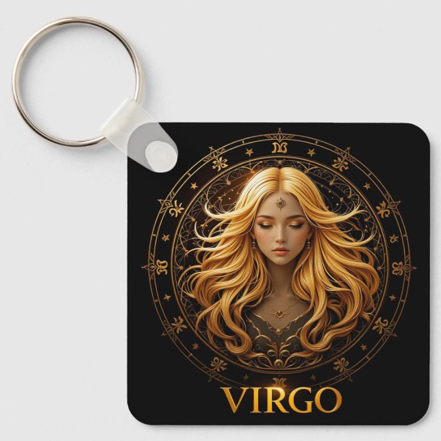 Chaveiro Ilustração Elegante do Zodíaco de Virgem com Ouro (Frente)