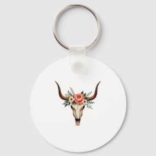 Chaveiro Ilustração Floral Vintage de Crânio de Touro Boho
