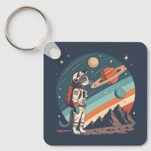 Chaveiro Ilustração Retro de Astronauta Gato Cósmico no Esp