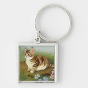 Chaveiro Ilustração Vintage Kitten com Flores