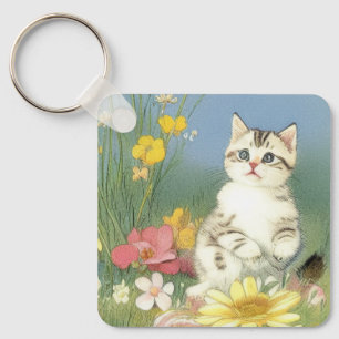 Chaveiro Ilustração Vintage Kitten com Flores Amarelas