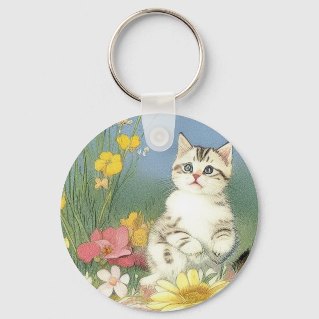 Chaveiro Ilustração Vintage Kitten com Flores Amarelas (Frente)