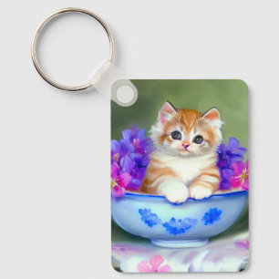 Chaveiro Ilustração Vintage Laranja e White Kitten