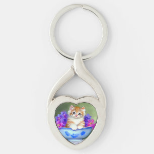 Chaveiro Ilustração Vintage Laranja e White Kitten