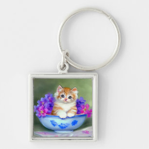 Chaveiro Ilustração Vintage Laranja e White Kitten