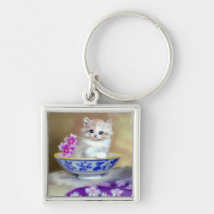Chaveiro Ilustração Vintage White Kitten